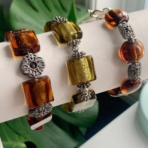 Orange & Gold Handmade Glass & Metal Bracelet Trio with Silver Accents